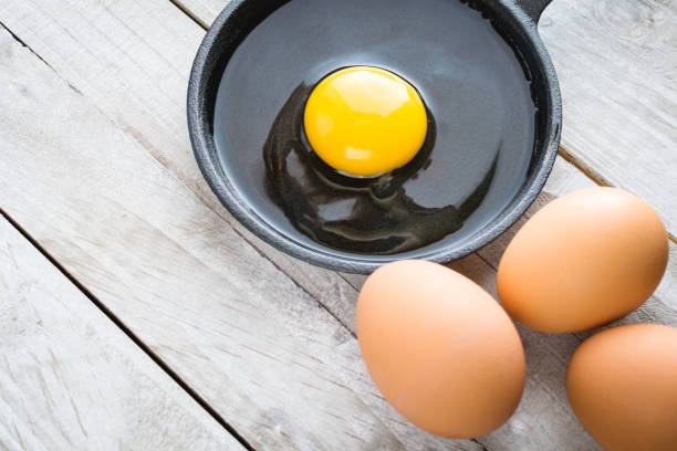 istock Uncooked egg background; egg yolk and egg white in cast iron skillet; breakfast food; brown eggs 900746572