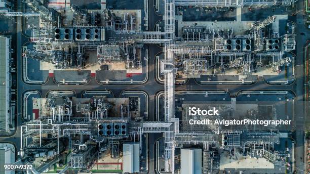 Aerial View Oil Refinery Stock Photo - Download Image Now - Aerial View, Industry, Factory