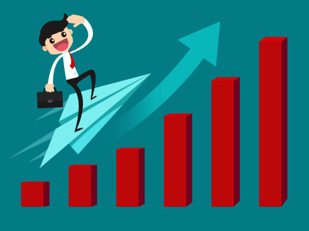 istock Businessman standing on paper plane flying up on bar chart. Success business concept vector illustration. 900749976