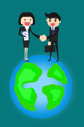 Global Cooperation. Businessmen shaking hands on the globe. Concept business illustration design.