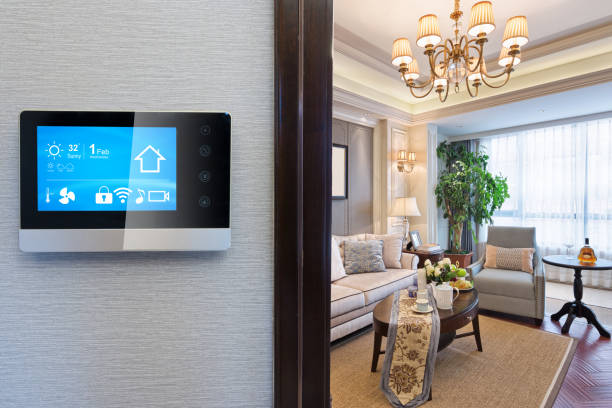 istock smart screen with smart home with modern living room 900750326