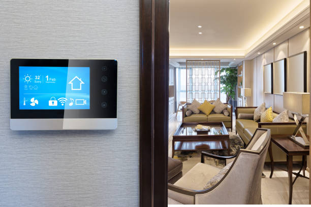 istock smart screen with smart home and modern living room 900754038