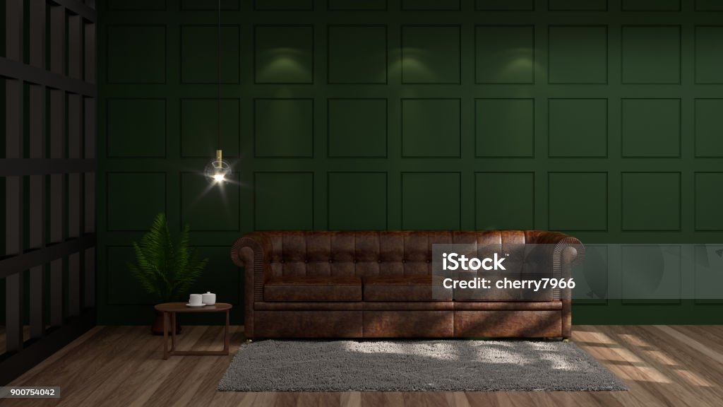 Vintage leere grüne Wand moderne Mitte Jahrhundert Zimmer innen 3d Rendering Luxus modernen Wohnzimmer Ledersofa vor grün weiß Wandleuchte und sideboard - Lizenzfrei Kamin - Gebäudeteil Stock-Foto