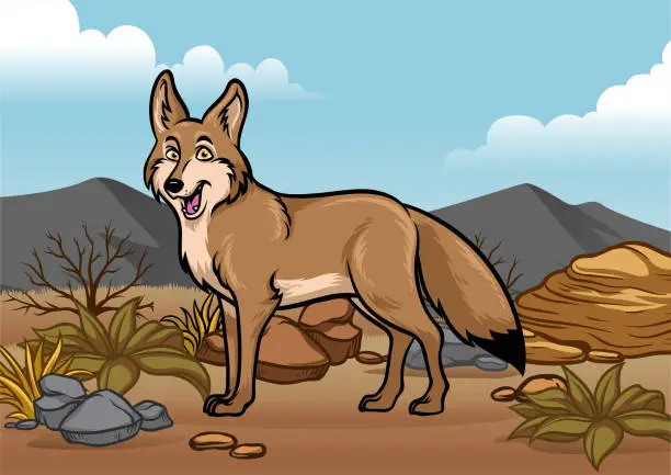 Vector illustration of cartoon coyotes illustration in the desert