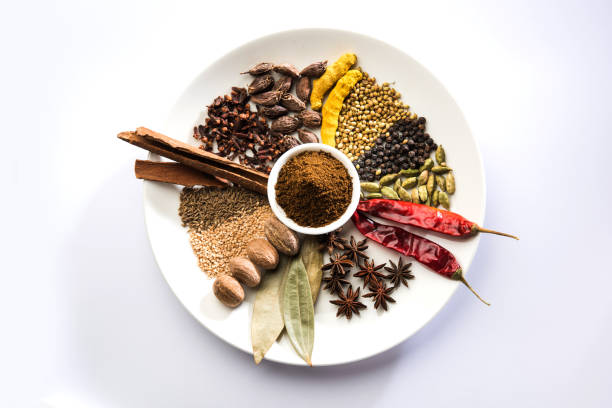 polvo de especias indias mezcla o garam masala - turmeric indian cuisine ground white fotografías e imágenes de stock