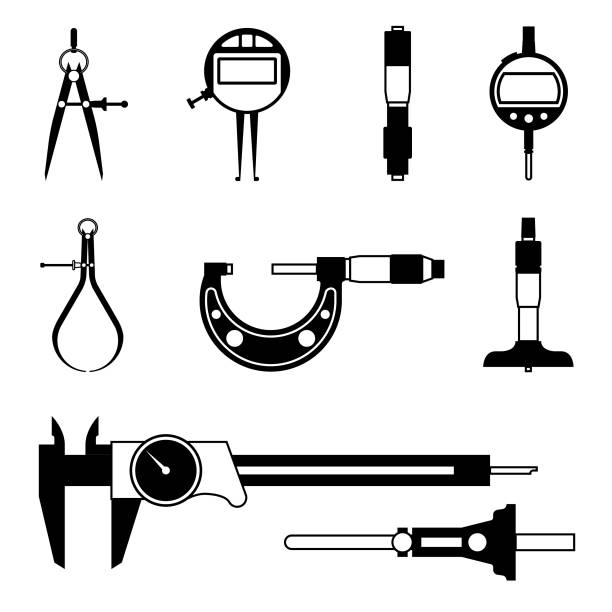 zestaw różnych typów narzędzi pomiarowych, ikona wektora - micrometer stock illustrations