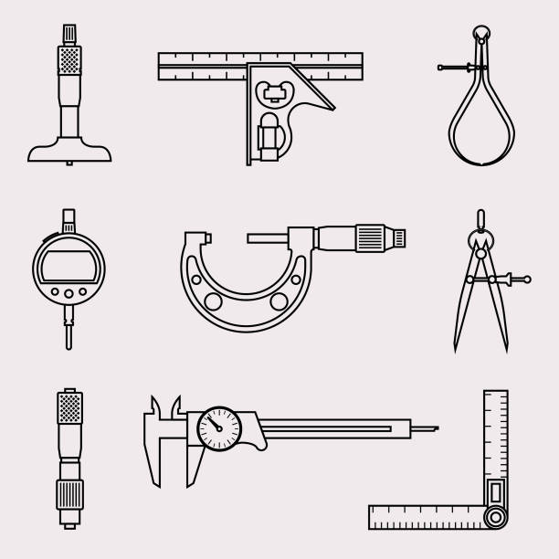 ilustrações de stock, clip art, desenhos animados e ícones de set of various types of measure tools, vector icon - drawing compass caliper computer icon work tool