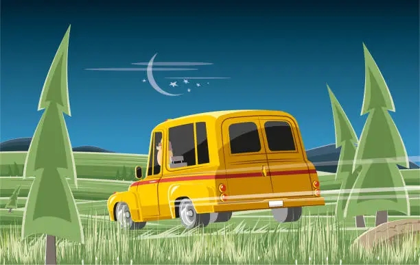 Vector illustration of Night drive by vintage truck