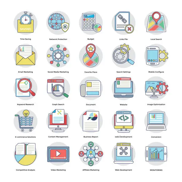 Vector illustration of Pack Of Flat Digital and Internet Marketing Icons