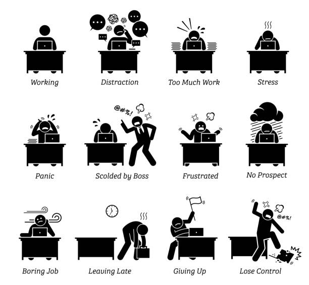 illustrazioni stock, clip art, cartoni animati e icone di tendenza di lavoratore che lavora in un posto di lavoro d'ufficio molto stressante. - emotional stress symbol frustration people