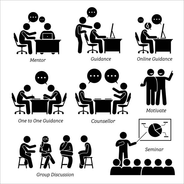 Mentor guidance coach for business executive. The company business training are mentoring, personal guidance, online teaching, one to one coaching, counselor, motivation, group discussion and seminar. face to face stock illustrations