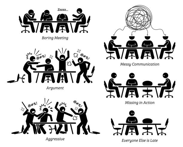 Executives having ineffective and inefficient meeting and discussion. The businessmen have a boring meeting, messy communication, argument, and a fight. Business partner is also late for the meeting. workplace absence stock illustrations