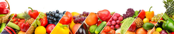 istock Collection fresh fruits and vegetables isolated on white background. Panoramic collage. Wide photo with free space for text. 900778946