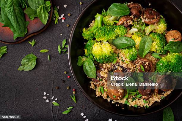 Dietary Menu Healthy Vegan Salad Of Vegetables Broccoli Mushrooms Spinach And Quinoa In A Bowl Flat Lay Top View Stock Photo - Download Image Now