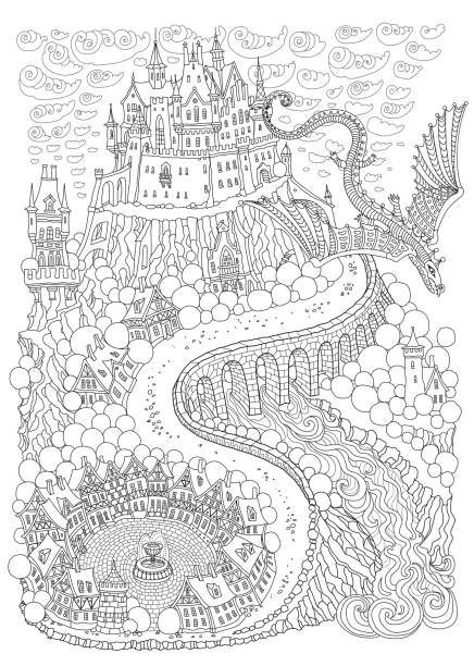 illustrations, cliparts, dessins animés et icônes de paysage de fantaisie avec le dragon. château médiéval de conte de fées sur une colline. rue vieille tour. impression de t-shirt. couverture de l’album, carte d’invitation. page de livre de coloriage pour adultes et enfants. noir et blanc page vertical - picture book fairy tale castle dragon