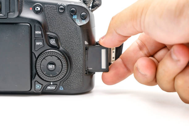 istock Photographer hand holding SD memory card insert modern DSLR camera, Concept photo of photographer , photography, lifestyle. copy space. 900792318