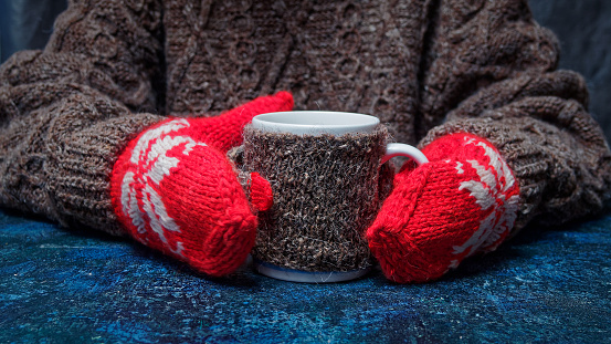 Hands of person in red mittens and gray sweater holding cup in similar sweater and mittens. Warming conception