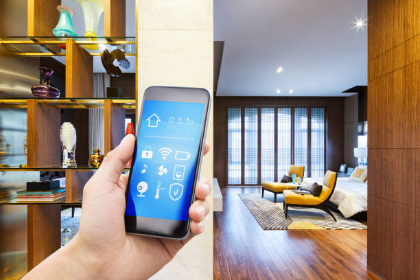 istock smart phone with smart home with modern bedroom 900800342