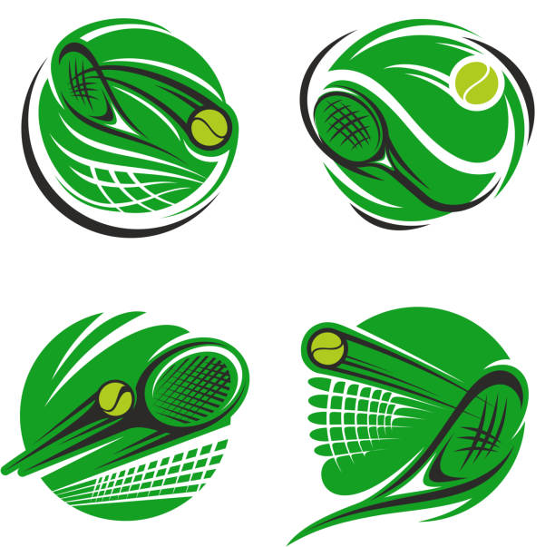 illustrazioni stock, clip art, cartoni animati e icone di tendenza di simbolo sportivo tennis con palla, racchetta e rete - lawn ball circle green