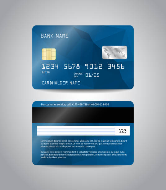 Realistic detailed credit card Realistic detailed credit cards set with colorful blue abstract triangular design background. Front and back side template. Money, payment symbol. Vector illustration EPS10 credit card stock illustrations
