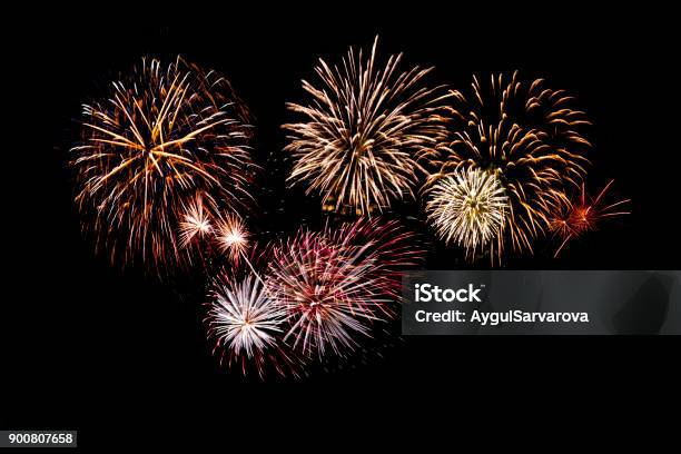 Beautiful Fireworks Display On Black Background Stock Photo - Download Image Now - Firework Display, Firework - Explosive Material, Sky