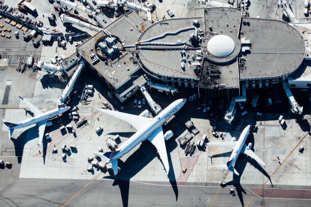 United Airilnes Boeing 787-8 at the gate at LAX Los Angeles, USA - October 8, 2017: United Airlines planes at Los Angeles Int. Airport seen from a helicopter. airport aerial view stock pictures, royalty-free photos & images