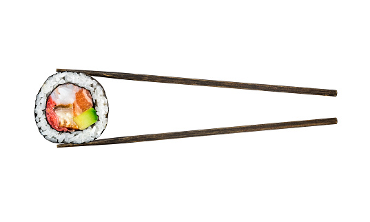 Sushi roll with salmon, shrimps and avocado isolated on white background