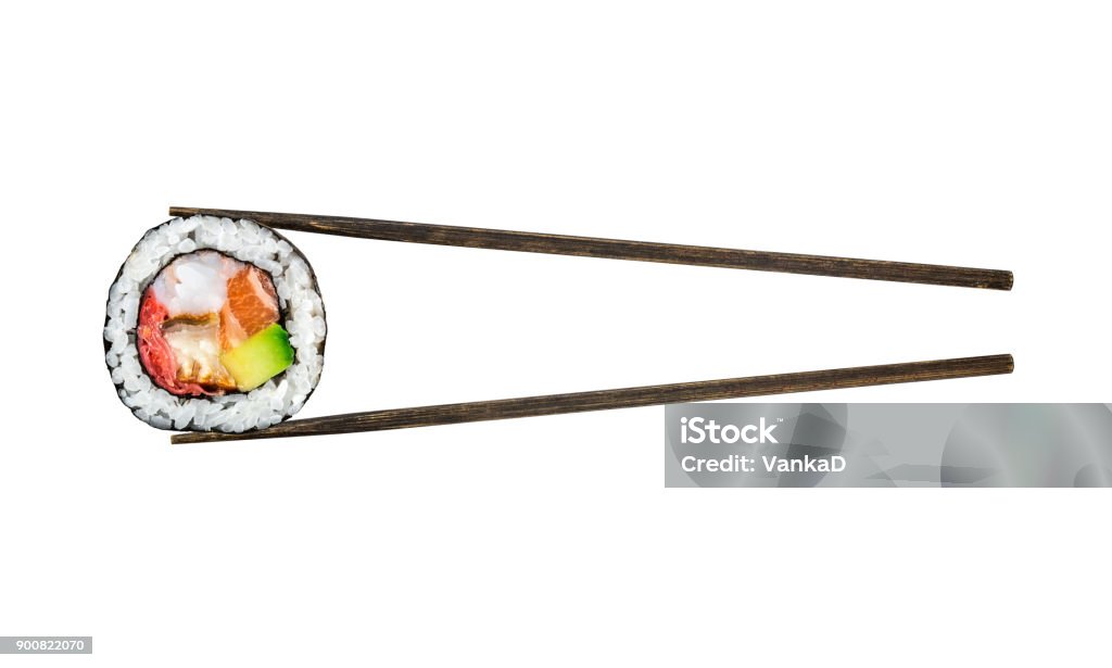 Sushi roll with salmon, shrimps and avocado Sushi roll with salmon, shrimps and avocado isolated on white background Sushi Stock Photo