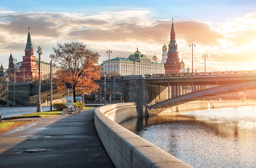 View of the towers and temples of the Moscow Kremlin from the Moskva River embankment in the early  morning