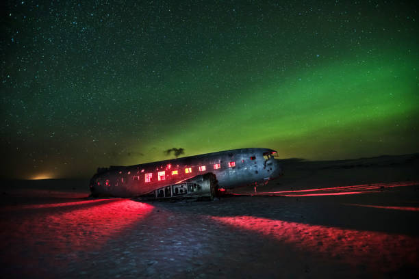 istock Beautiful illuminated airplane wreck on Solheimasandur, Iceland 900828738