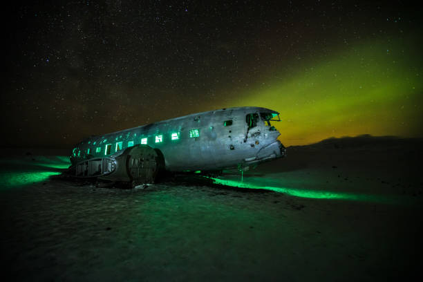 istock Beautiful illuminated airplane wreck on Solheimasandur, Iceland 900828834