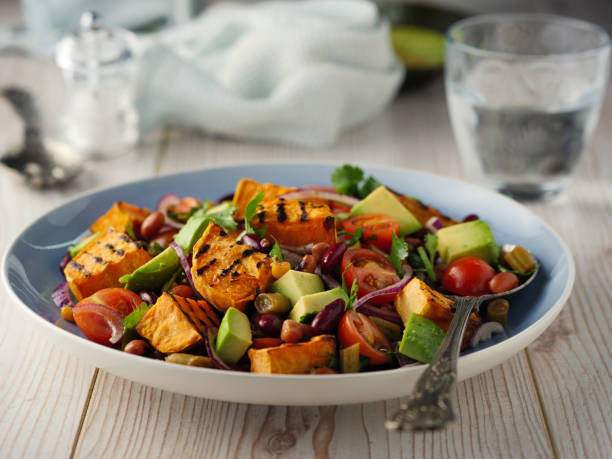 Healthy beans salad with grilled sweet potatoes