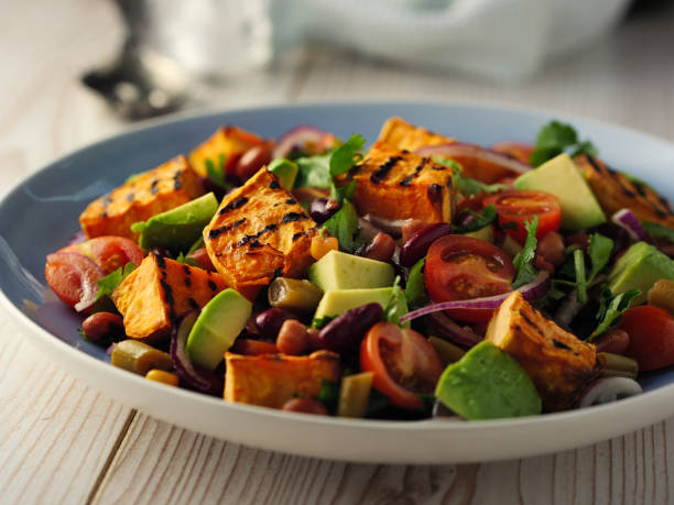 Healthy beans salad with grilled sweet potatoes