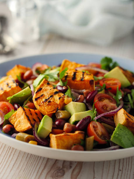 Healthy beans salad with grilled sweet potatoes