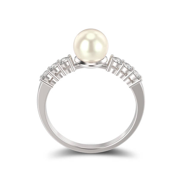 고립 된 3d 그림 그림자와 함께 진주 화이트 골드 또는 실버 다이아몬드 반지 - pearl ring jewelry white 뉴스 사진 이미지