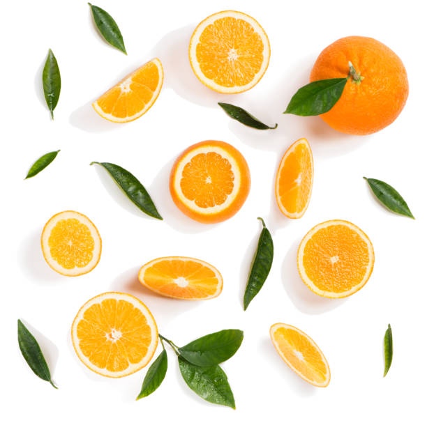 oranges with leaves. above view. - orange slices imagens e fotografias de stock