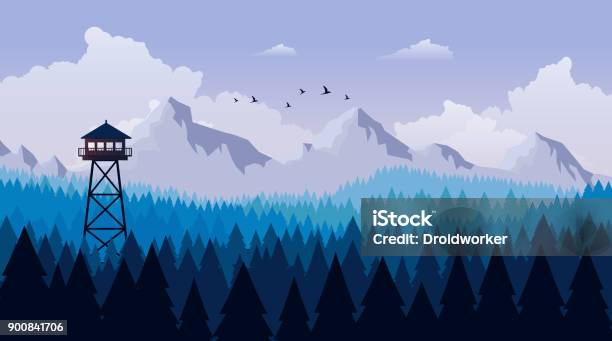 Flat Style Beautiful Landscape Natural Parkland Illustration With Wooden Viewpoint Building Fire Lookout Tower Stock Illustration - Download Image Now