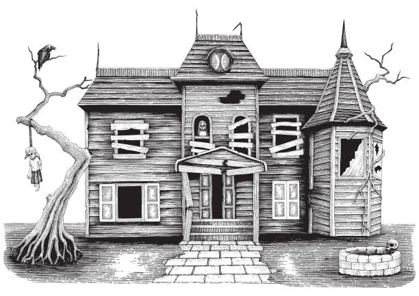 ilustraciones, imágenes clip art, dibujos animados e iconos de stock de estilo de dibujo del vintage de la mano del fantasma casa aislar sobre fondo blanco, símbolo del día de halloween y fondo - juego del ahorcado