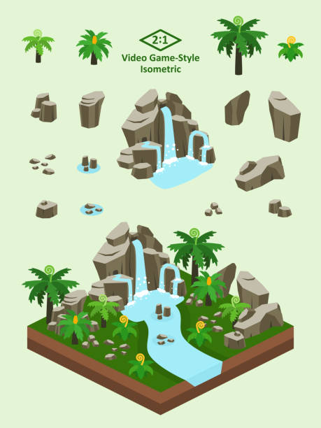 illustrazioni stock, clip art, cartoni animati e icone di tendenza di set di rocce preistoriche isometriche della foresta pluviale - cascata