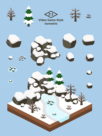 Boulders and rocks set for video game-type isometric winter boreal forest scene.
