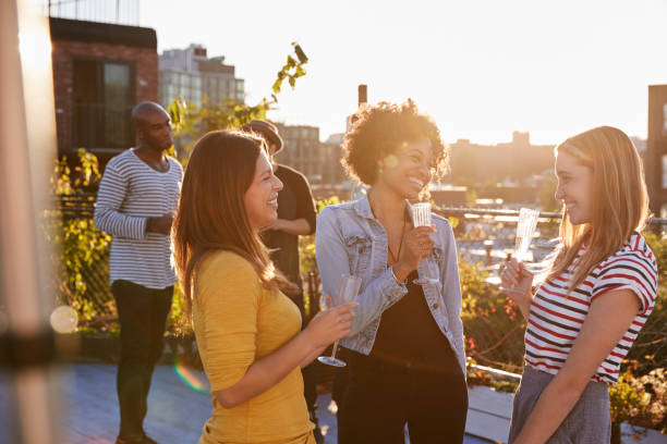 istock Female friends talking at a rooftop party, backlit 900853600