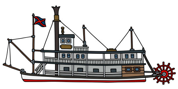 The vintage paddle steamboat The hand drawing of an old steam paddle riverboat paddleboat stock illustrations