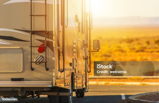 Recreation Vehicle Rv Trip Stock Photo - Download Image Now - Motor Home, Camping, Sunset