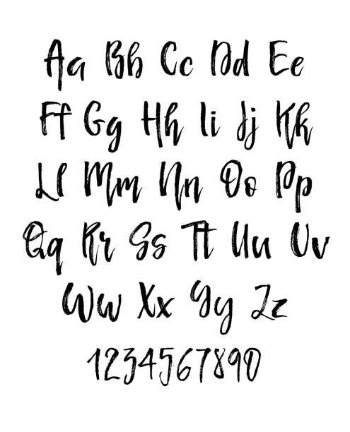 ilustraciones, imágenes clip art, dibujos animados e iconos de stock de cepillo mano estilo moderno cursiva fuente aislada sobre fondo blanco. - alphabet customized characters number