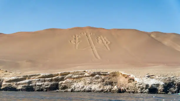 Photo of Ancient large scale candelabrum figure in Paracas national park