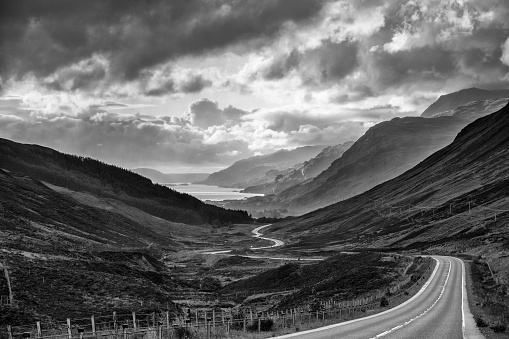 The road leading down to Loch Maree in Scotland.