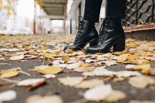 cropped shot of woman in stylish leather boots standing on road covered with fallen leaves