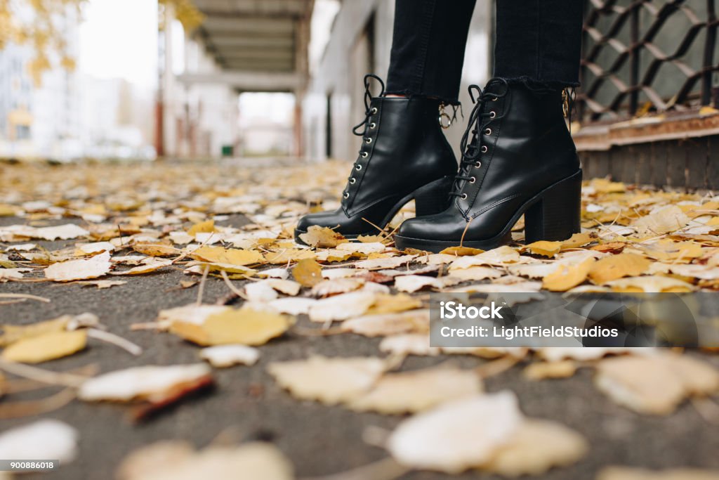 woman in leather boots cropped shot of woman in stylish leather boots standing on road covered with fallen leaves Autumn Stock Photo
