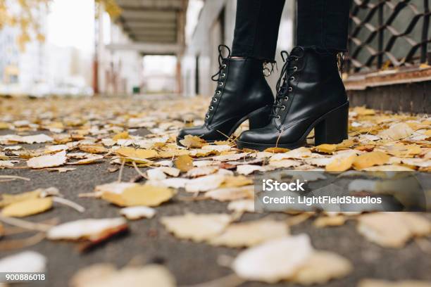 Woman In Leather Boots Stock Photo - Download Image Now - Autumn, Boot, Falling