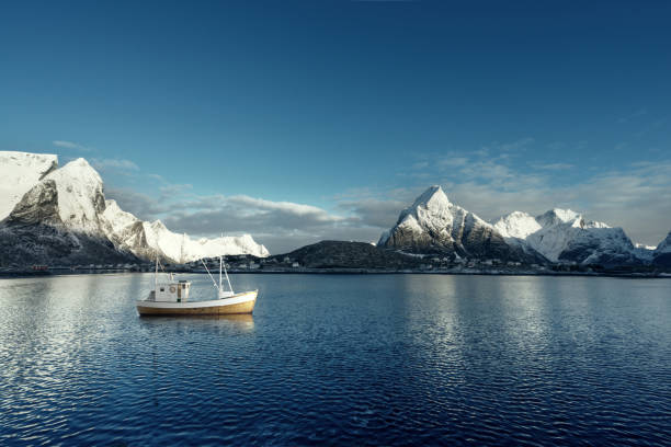 낚시 보트 및 reine 마을, lofoten 섬, 노르웨이 - cloud fjord bay island 뉴스 사진 이미지